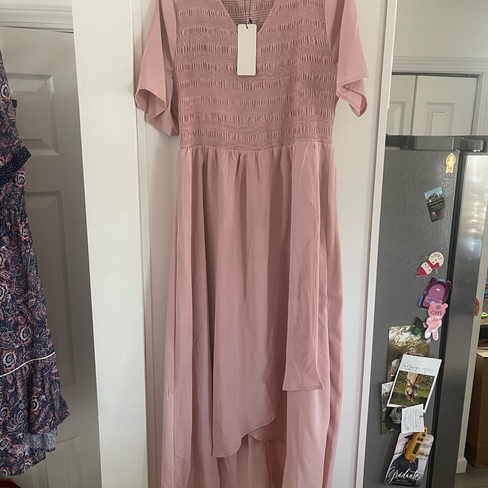 Pink Short Sleeve Maxi High Low Dress with slit